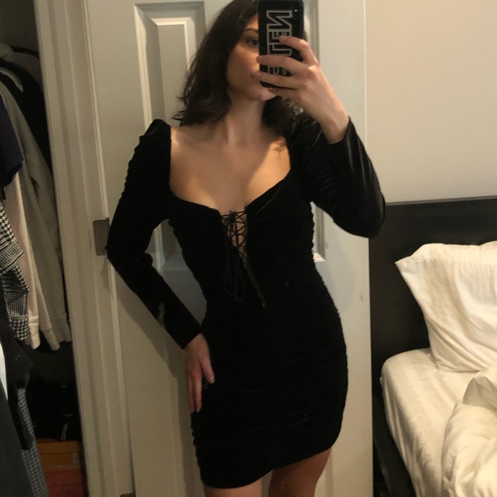 Zara Black Velvet Lace-Up Ruched Bodycon Dress